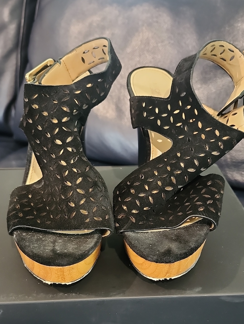 Michael Kors Black Laser-Cut Suede Platform Sandals with Wood-Look Sole